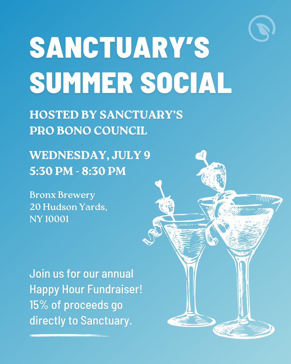 SFFNY's tweet image. EDIT: Sanctuary's Pro Bono Council is hosting a Happy Hour Fundraiser TONIGHT!
Grab a friend (or two) and join us for a fun evening connecting with Sanctuary's legal community and raising money for a good cause. 15% of all drink and food proceeds will go to Sanctuary!