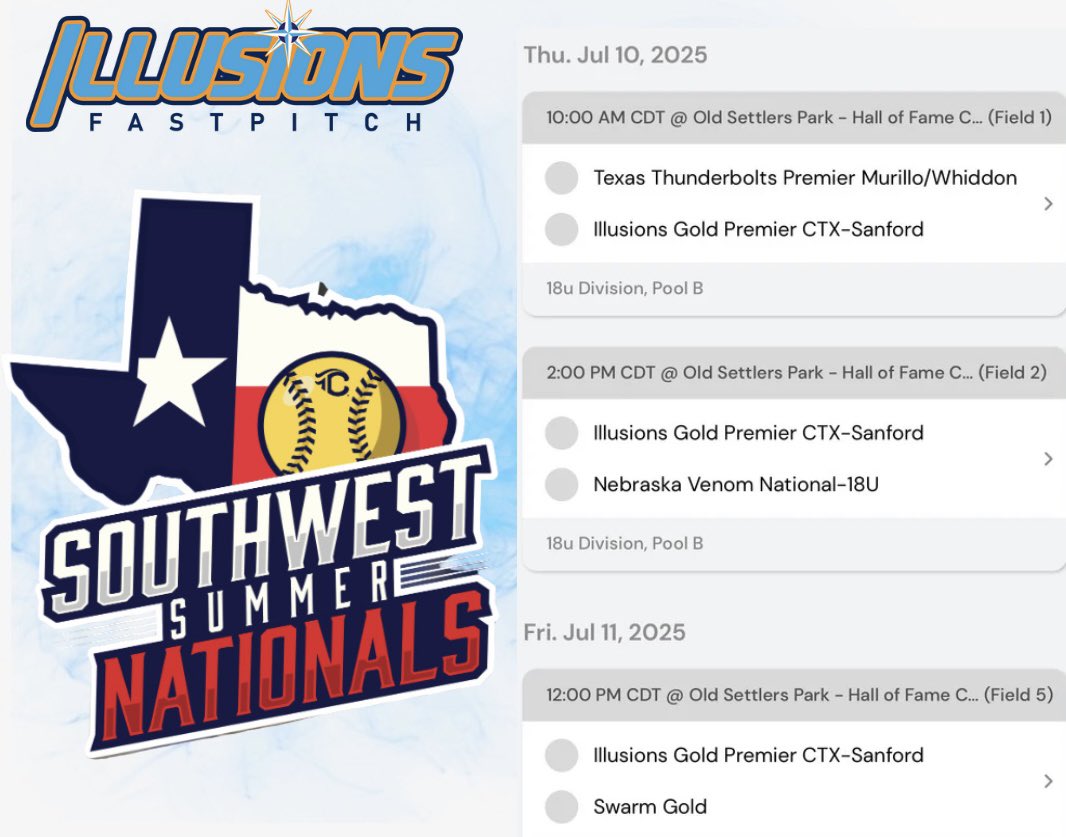 Illusions Gold Premier CTX 18U-Sanford (@goldctx) on Twitter photo Ready for <a href="/triplecrownspts/">Triple Crown Sports</a> SW Nationals in Round Rock TX! <a href="/TCSFastpitch/">TC Fastpitch</a> <a href="/tc_collegecoach/">TC College Coaches</a> Ready for <a href="/triplecrownspts/">Triple Crown Sports</a> SW Nationals in Round Rock TX! <a href="/TCSFastpitch/">TC Fastpitch</a> <a href="/tc_collegecoach/">TC College Coaches</a>