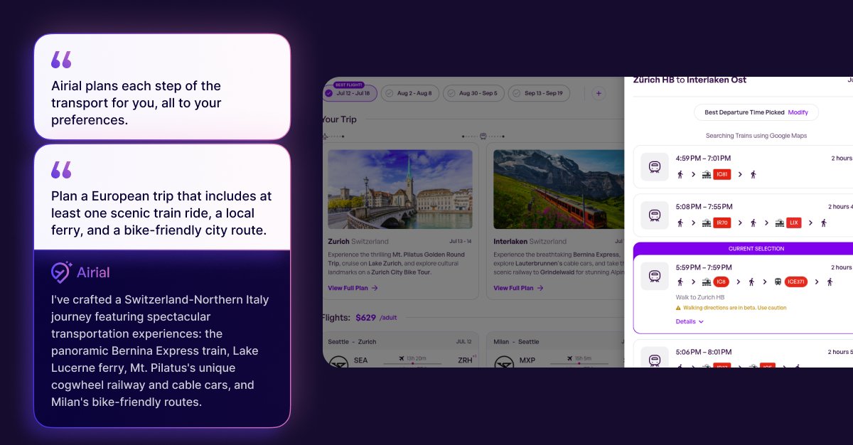 AirialTravel's tweet photo. Planes. Trains. Ferries. Bikes.
@airialtravel makes it seamless.
βοΈ Real-time trip updates
βοΈ Multi-modal transit
βοΈ Local gems like cable cars + ferries
πβοΈπ² https://t.co/eezsFQ3l32
#TravelPlanning #AITravel #TransitPlanning #MultiModalTravel #SmartTravel #FamilyTravel https://t.co/qNt522pKcw