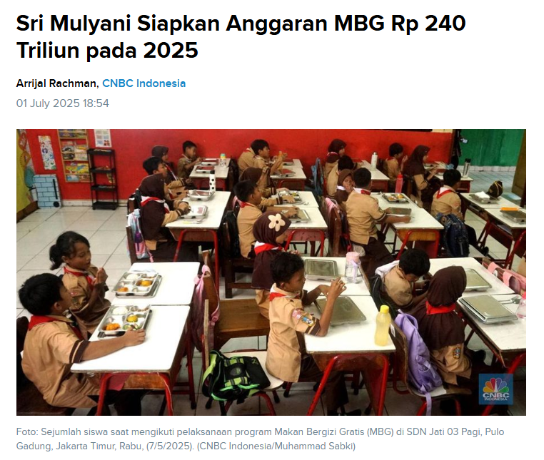 Judul bombastis dan spektakuler 

Sri Mulyani Siapkan Anggaran MBG Rp 240 Triliun pada 2025

Tapi tunggu dulu. Setelah dibaca isinya… justru tidak menyebut bahwa Rp 240 T itu khusus untuk MBG.
Ini bukan cuma misleading. Ini sengaja framing yang negatif dan manipulatif!
<a href="/prabowo/">Prabowo Subianto</a>