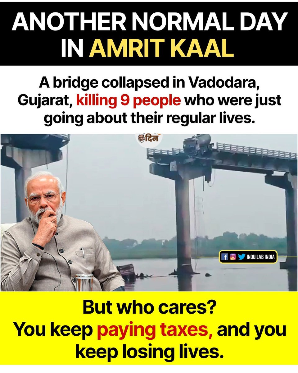 girishkumar2007's tweet photo. 10 people kil!ed in #BridgeCollapse
In #Gujarat after the vehicle fall into river
30 years of #BJP Government?
Who is responsible? For this incident 😭
#Gujarathmodel #narendramodimodel
#NarendraModi
Wer is #GodiMedia https://t.co/Yo7XGzKlYH