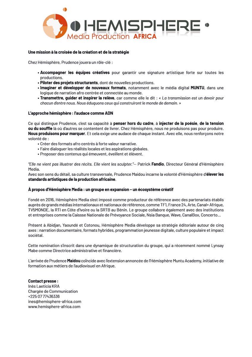 Nous avons le plaisir d’annoncer la nomination de <a href="/PrudenceMaidou/">Prudence MAIDOU</a> au poste de Conseillère Artistique aux Programmes, en charge du développement des nouveaux formats du groupe Hémisphère Média Production Africa😌✨