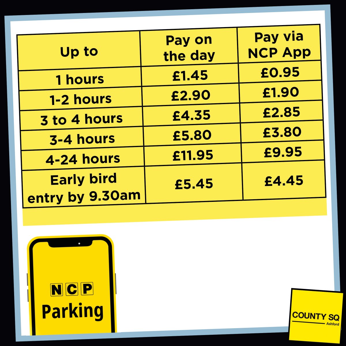 🅿️ Park for just 95p at County Square Ashford 🚗 Make sure to download the NCP Parking App for reduced fares and easier payment!

Download it here: ncp.co.uk/parking-soluti…

#NCP #CountySquareAshford #AshfordParking #AshfordCarPark