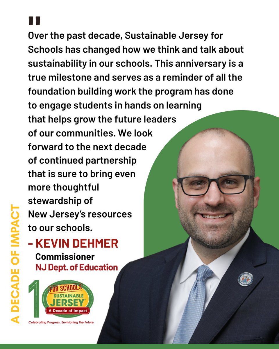 SJ_Schools's tweet image. Celebrating 10 Years of Impact!
#SustainableJerseySchools #DecadeofImpact
“Over the past decade, Sustainable Jersey for Schools has changed how we think and talk about sustainability in our schools...” — Kevin Dehmer, @NewJerseyDOE
💚bit.ly/SJS10thAnniver…