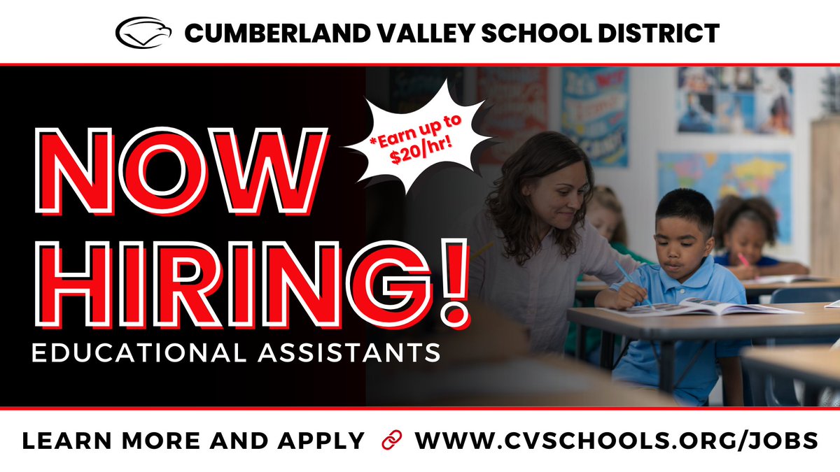 We're seeking dedicated and compassionate individuals to join our fantastic team of Educational Assistants! 🌟

✔️ Full-time, Monday–Friday
✔️ Up to $20/hr
✔️ Great benefits: health, dental, vision, PTO

Apply now: cvschools.org/jobs 🦅

#PortraitOfAnEagle #CVProud #Hiring