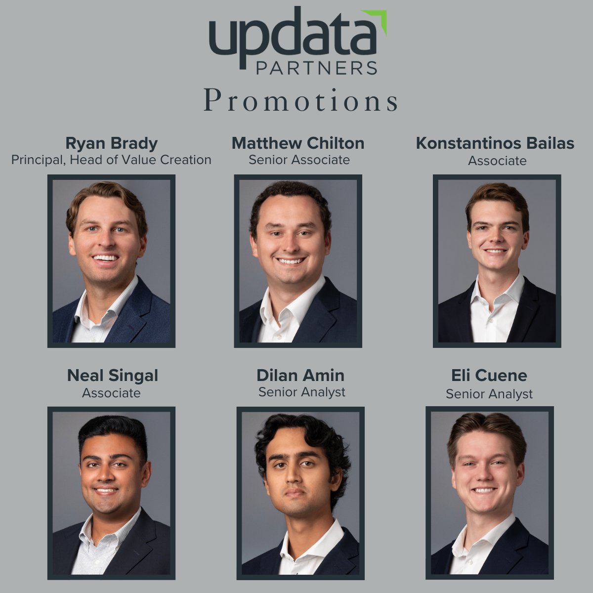 Join us in congratulating Ryan Brady (Principal), Matthew Chilton (Senior Associate), Konstantinos Bailas (Associate), Neal Singal (Associate), Dilan Amin (Senior Analyst), and Eli Cuene (Senior Analyst) on their promotions! Here's to their continued success at Updata.