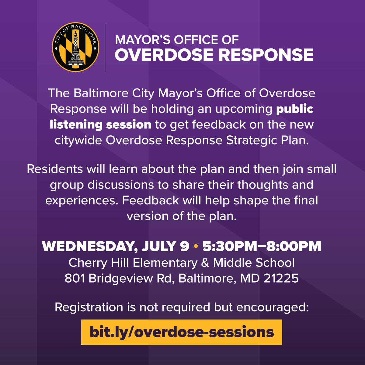 REMINDER: Our first public listening session on the new citywide Overdose Response Strategy kicks off TONIGHT. Come join the conversation and have a voice in shaping the final version of this plan.

To register and find a session in your community, visit: bit.ly/overdose-sessi…