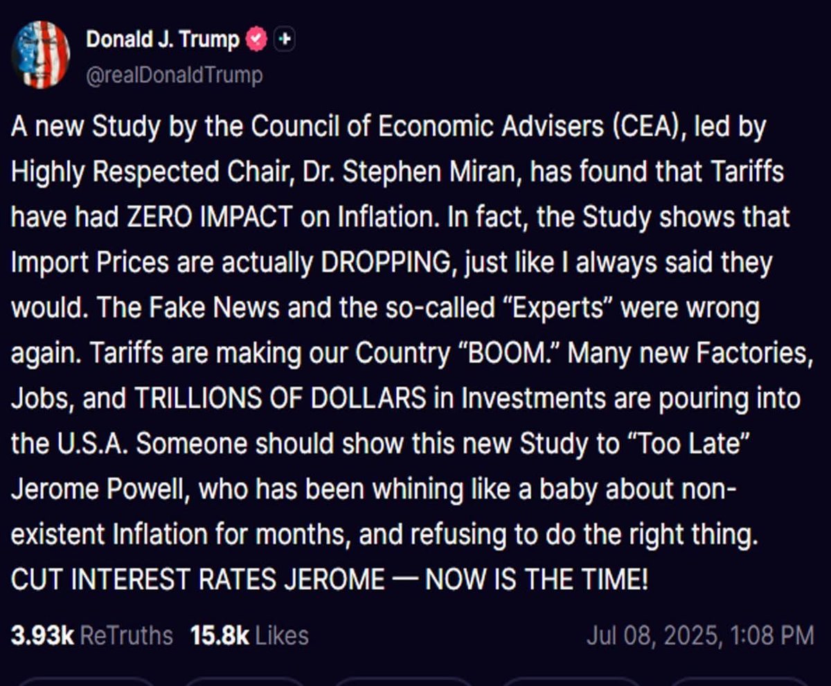 BREAKING: President Trump was RIGHT again. Tariffs didn’t raise inflation — they crushed it. Factories BOOMING. Jobs BOOMING. Investment FLOODING in. Meanwhile, Jerome “Too Late” Powell cries about fake inflation. Cut the damn rates. MAGA economics wins again.