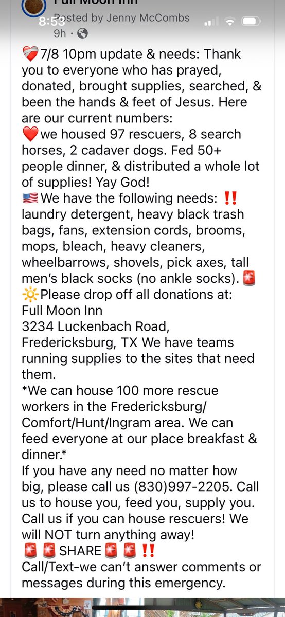 JennyTexas1's tweet image. ‼️‼️Tx Flood relief! We can house 100 more rescue workers in the area. Feeding everyone at our place. Have tons of supplies to deliver wherever is needed. Please call (830)997-2205 #TexasFloods #texasstrong #HillCountryStrong