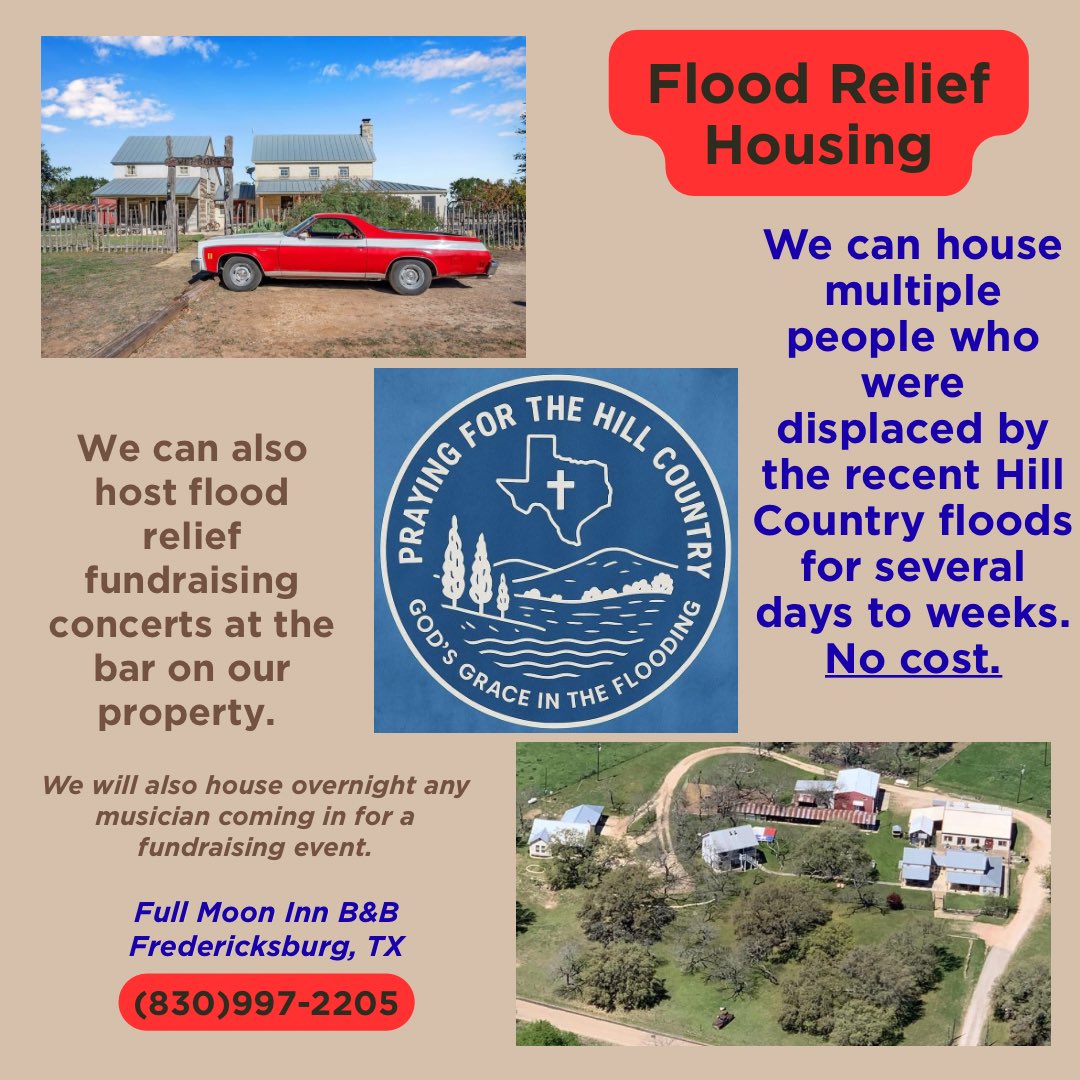 JennyTexas1's tweet image. ‼️‼️Tx Flood relief! We can house 100 more rescue workers in the area. Feeding everyone at our place. Have tons of supplies to deliver wherever is needed. Please call (830)997-2205 #TexasFloods #texasstrong #HillCountryStrong