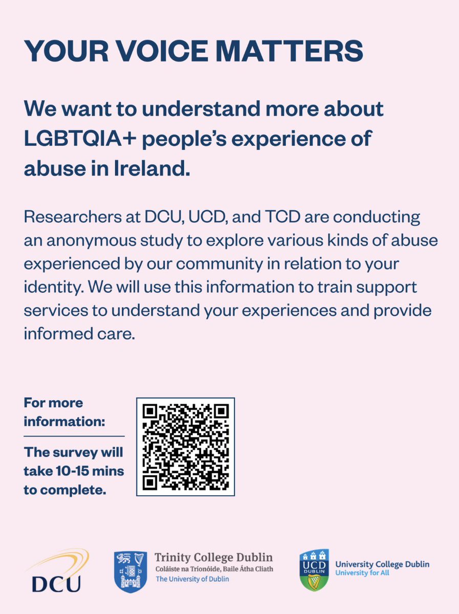 TCD_SNM's tweet image. Researchers at @DCUSNPCH, @ucdsnmhs and @tcd_snm are conducting a survey to learn more about LGBTQIA+ people’s experience of abuse in Ireland.
This information will be used to train support services to understand your experiences and provide informed care.
Take the anonymous…