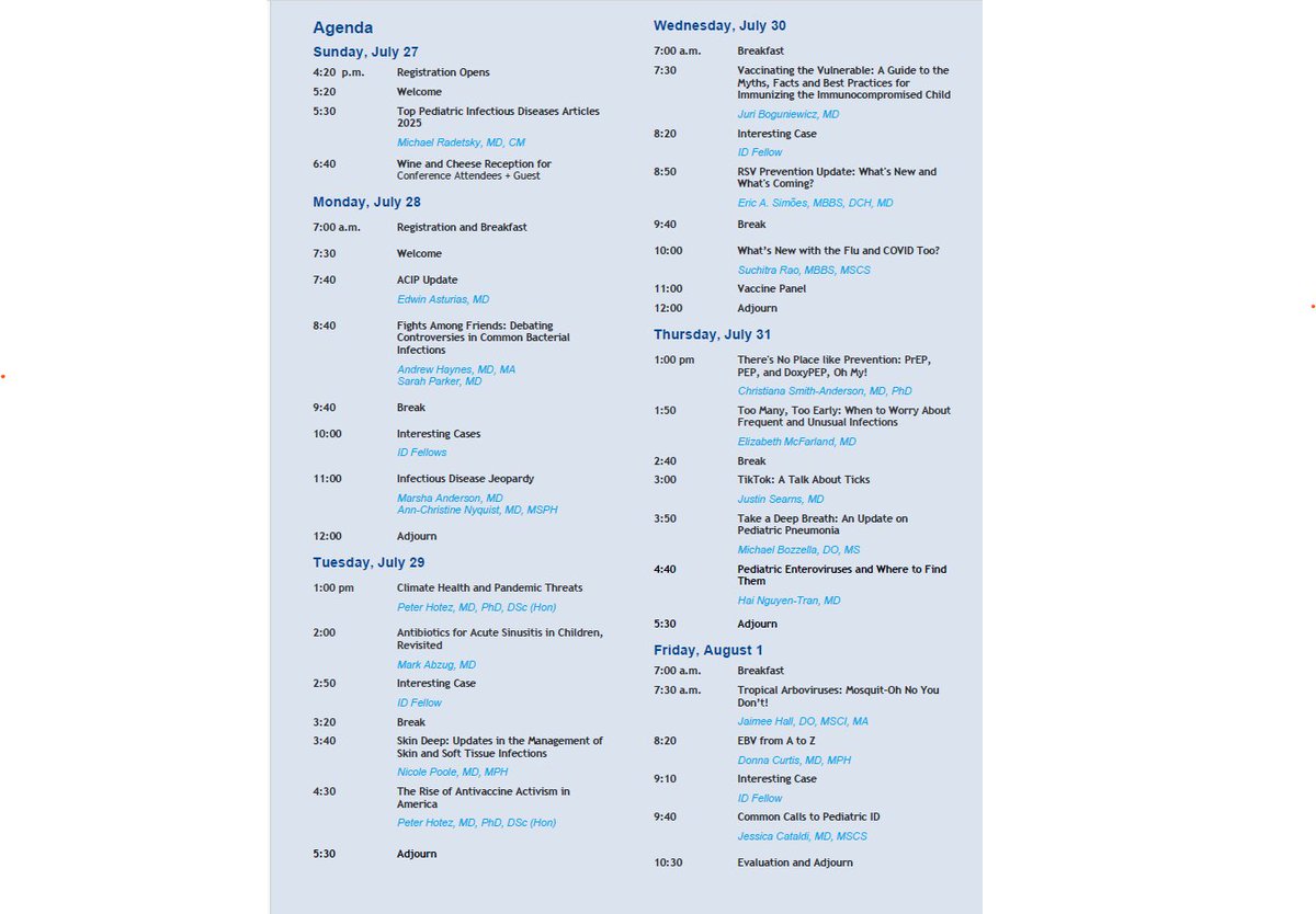 COpedsID's tweet image. Last Chance to Register for the 42nd Annual Conference on Pediatric Infectious Diseases #VailPedsID2025 in Vail CO Jul 27-Aug 1 featuring @COpedsID faculty & guest speaker @PeterHotez
Register for in-person or virtual options with CME/MOC here:
ce.childrenscolorado.org/content/42nd-a…