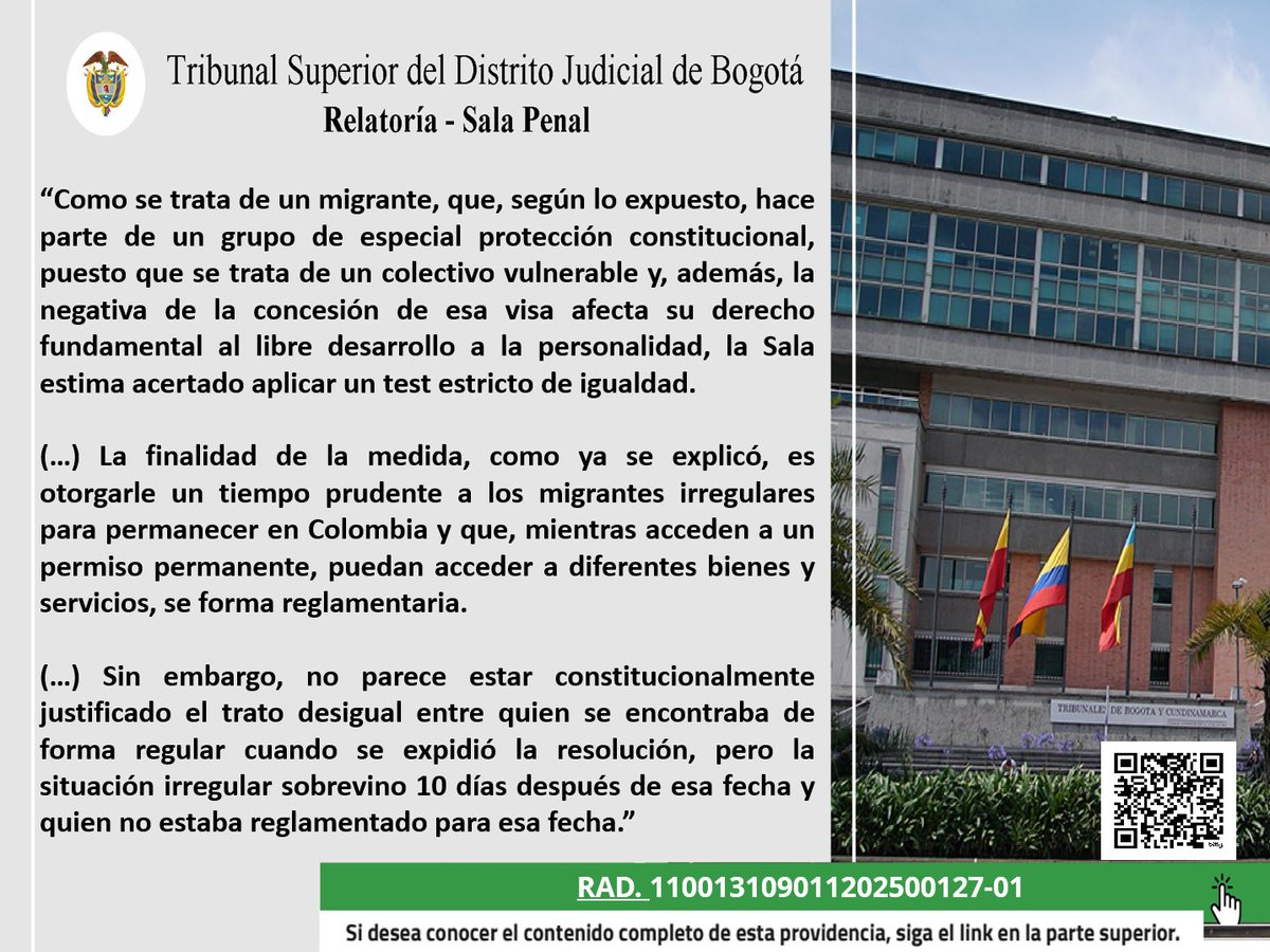 RelatoriaPenal's tweet photo. La Sala Penal del Tribunal Superior de Bogotá protege derechos de migrante venezolano en situación irregular, aplicando un test estricto de igualdad para determinar que la exclusión del accionante carecía de justificación constitucional. 
Descarga aquí: https://t.co/rXVl1CP54l https://t.co/nJBhPzFAAO