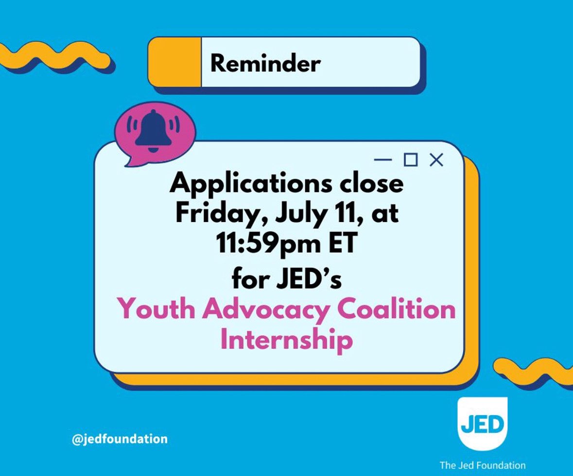 Applications for JED’s Summer 2025 cohort of the National Mental Health Youth Advocacy Coalition (YAC) Internship close Friday, July 11, 2025 at 11:59 PM ET.

Learn more and apply today: lnkd.in/eXPXeCE5 

#MentalHealth #MentalHealthMatters #JEDCares