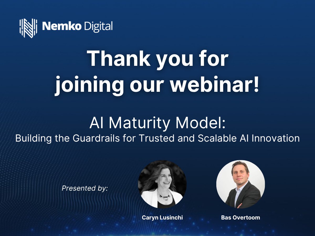 DigitalNemko's tweet image. A big thank you to all our attendees for your participation.

We&apos;re excited to share the post-webinar resources, including the replay and key takeaways, directly to your inbox. Stay tuned and get ready to continue your AI journey!

#AIMaturityModel #NemkoDigital