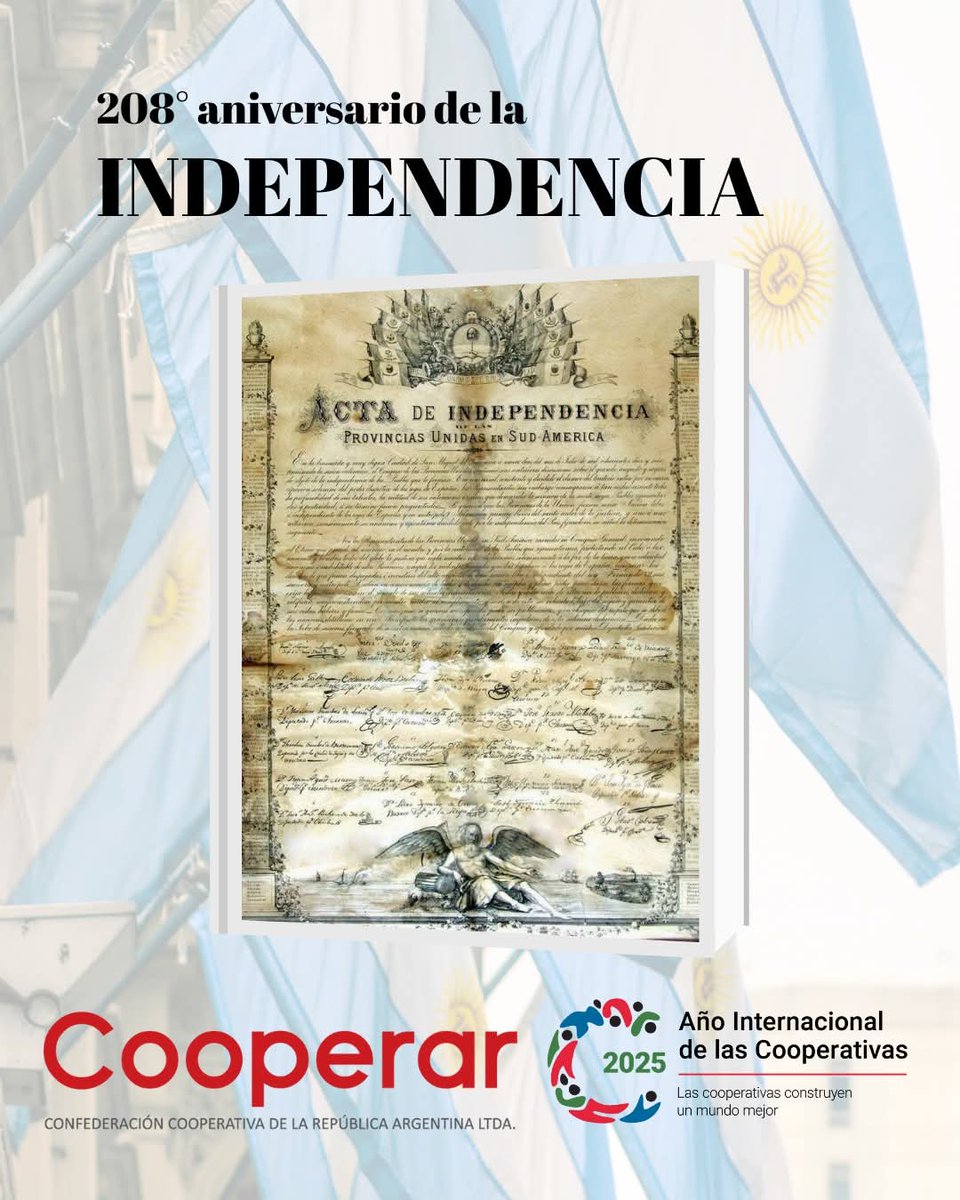 Conmemoramos hoy la decisión tomada en 1816 en el Congreso de Tucumán y reafirmamos nuestro compromiso con una patria libre, soberana y justa, para lo cual seguimos promoviendo una economía basada en principios y valores cooperativos.

#VivaLaPatria🇦🇷