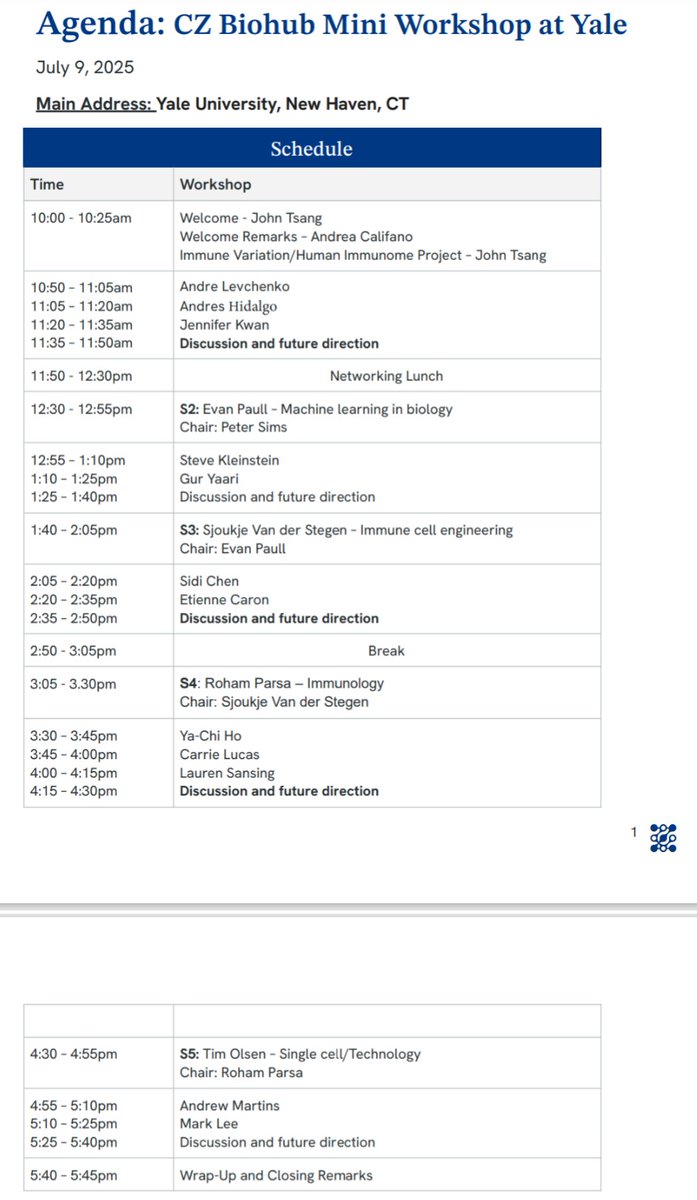 YaleCSEI's tweet photo. Exciting lineup of presenters at today's #CZBiohubNY Mini Workshop hosted by @YaleMed, @TsangLab and @YaleCSEI. Thrilled to welcome @czbiohub and @czi investigators and team members to Yale for this day of science and interaction. https://t.co/V1lNnlaHpw
