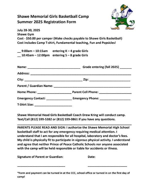 Shawe Lady Hilltopper basketball camp is coming up July 28-30 in Shawe's Meny Gymnasium.  Forms can be filled out and turned in on July 28. Give Coach Drew Kring a call with any questions! #GoToppers