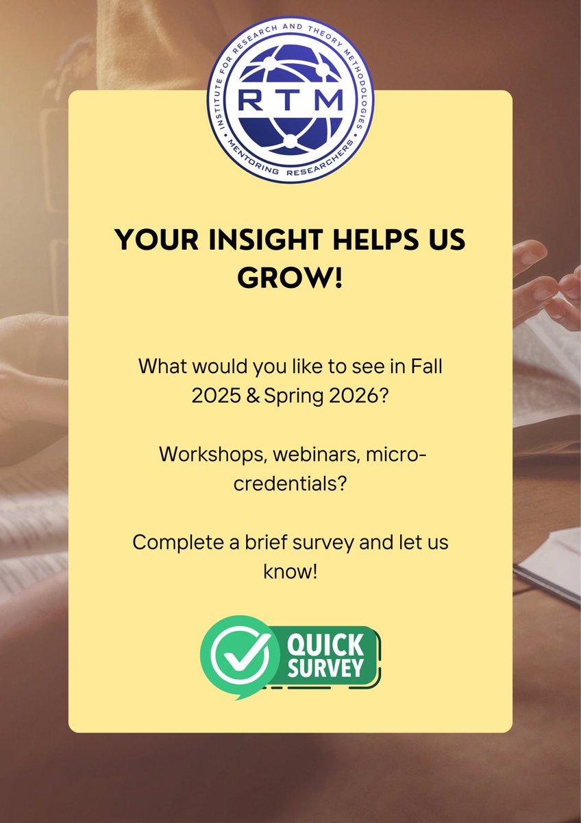 📢 Help Us Plan Future RTM Programs!

What would you like to see in Fall 2025 &amp; Spring 2026?
Workshops, webinars, micro-credentials? Let us know!

📝 Complete our short survey:
tinyurl.com/RTM-survey 

#RTMCommunity 
#ResearchSupport 
#AcademicPrograms