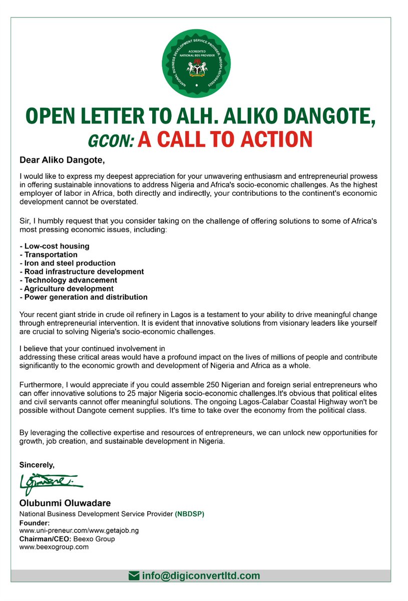 OPEN LETTER TO ALHAJI ALIKO DANGOTE,GCON. 
<a href="/DangoteGroup/">Dangote Group</a> <a href="/AlikoDangote/">Aliko Dangote</a> <a href="/realFemiOtedola/">Femi Ote$</a> <a href="/MobilePunch/">Punch Newspapers</a> <a href="/OjyOkpe/">OJY OKPE</a> <a href="/CNNAfrica/">CNN Africa</a> <a href="/BBCAfrica/">BBC News Africa</a> <a href="/officialABAT/">Bola Ahmed Tinubu</a>