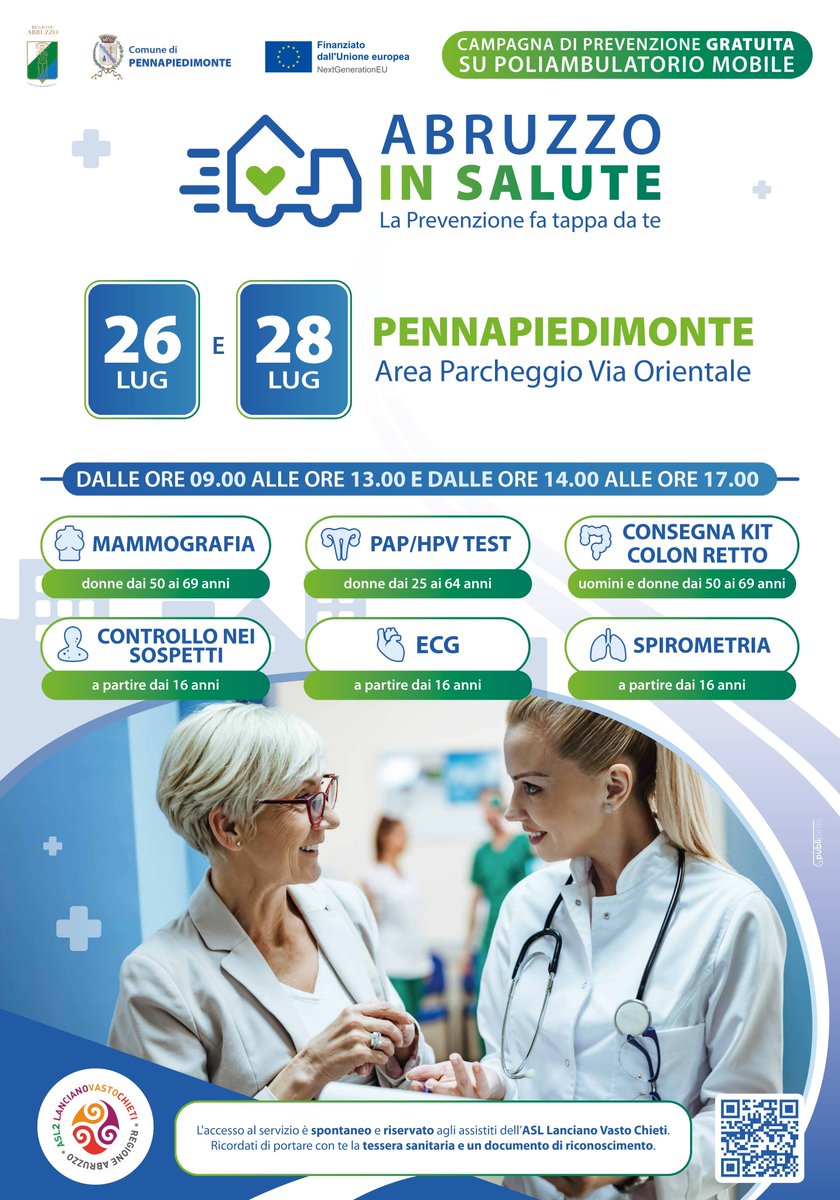 🔵 CASA DELLA SALUTE MOBILE A #PENNAPIEDIMONTE – il 26 e 28 luglio 2025
🕘 Ore 9-13 e 14-17

📌 
- Mammografia
- Pap-test / HPV-test
- Consegna kit per screening colon retto
- Controllo di un neo sospetto
- Elettrocardiogramma (ECG)
- Spirometria

🔗 Info: asl2abruzzo.it/casa-della-sal…