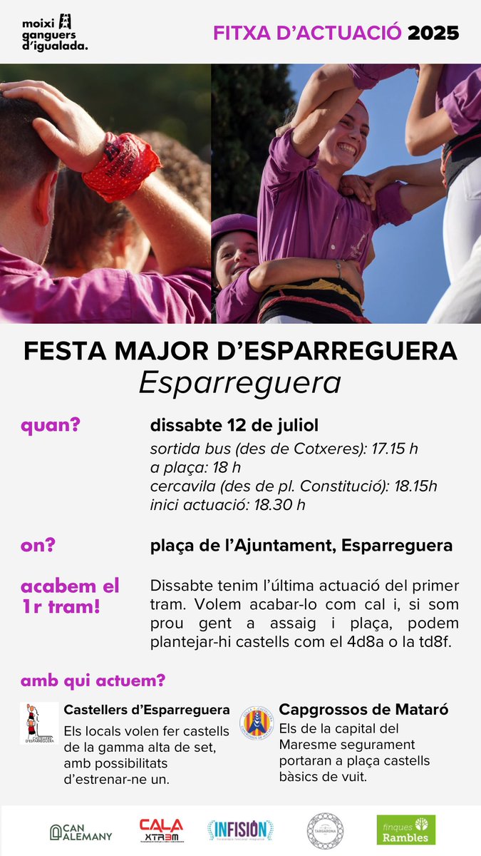 Moixiganguers d'Igd (@moixiganguers) on Twitter photo FESTA MAJOR D'ESPARREGUERA 📣
Aquest dissabte actuem a Esparreguera amb <a href="/collabordeus/">Castellers d'Esparreguera</a> i <a href="/capgrossos/">Capgrossos de Mataró</a>.
👉🏻 Última diada abans de vacances. Anem-hi amb tot!
Apunteu-vos a l'app 📲
#castells #comencemdenou FESTA MAJOR D'ESPARREGUERA 📣
Aquest dissabte actuem a Esparreguera amb <a href="/collabordeus/">Castellers d'Esparreguera</a> i <a href="/capgrossos/">Capgrossos de Mataró</a>.
👉🏻 Última diada abans de vacances. Anem-hi amb tot!
Apunteu-vos a l'app 📲
#castells #comencemdenou