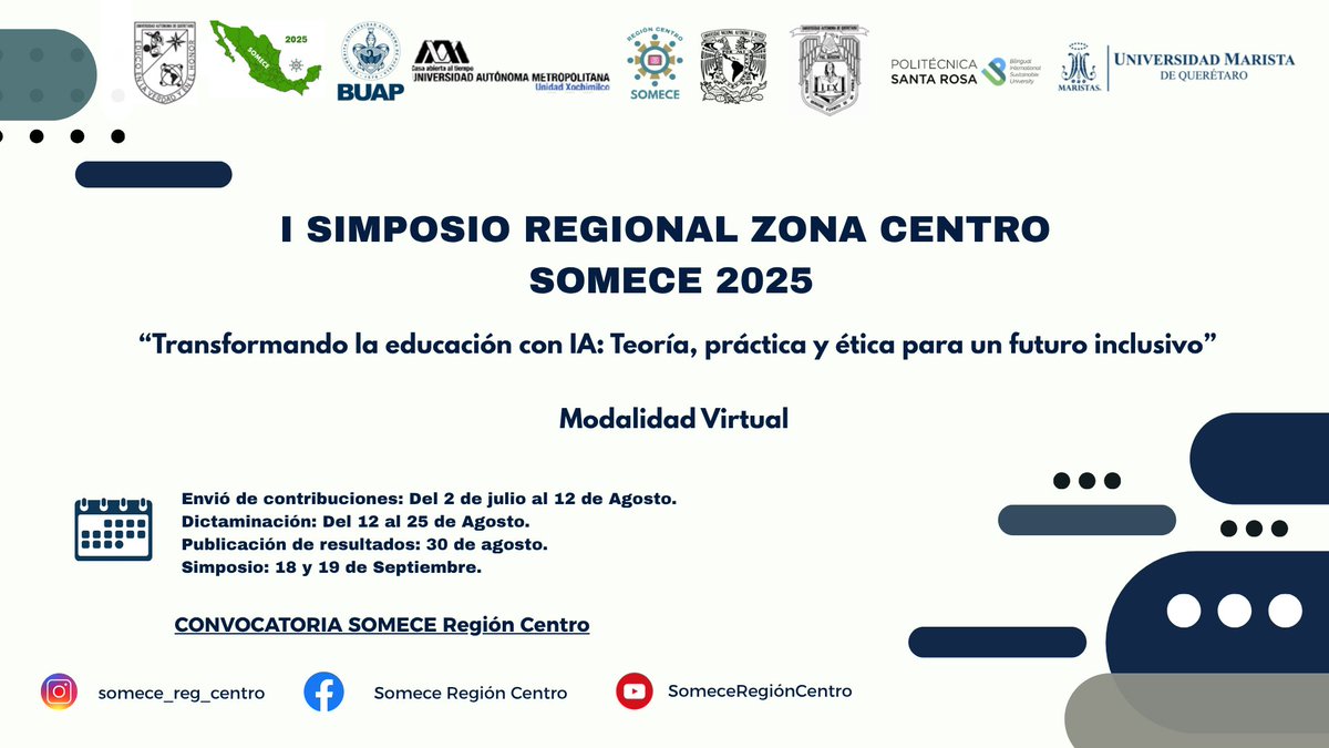 ecoonis1's tweet photo. ¡Atención! El I SIMPOSIO REGIONAL ZONA CENTRO SOMECE 2025 llega los días 18 y 19 de septiembre. Exploraremos IA en educación inclusiva, ética y práctica. Envía tu ponencia antes del 12 de agosto. Evento virtual y gratuito. 🔗 https://t.co/4z0nzOH3lS
#IA #EducaciónIncluyente #SOMECE #SOMECERegiónCentro #EdTech
Conéctate con SOMECE Región Centro:
Facebook: https://t.co/q2fKPLJbCX
Instagram: https://t.co/q505ME1Ug8
YouTube: https://t.co/tBHmV6bkDr
