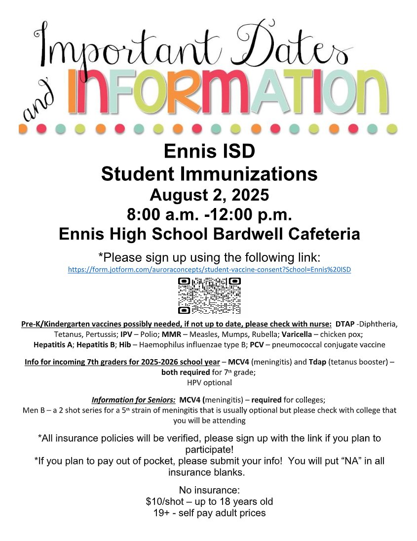 EnnisISD's tweet image. A student immunization clinic will be held during the Give a Kid a Chance event on Saturday, August 2nd.

Students MUST be pre-registered through the link below. We will not be able to take walk-ins.
form.jotform.com/auroraconcepts…

*Bring your student&apos;s shot records to the clinic.