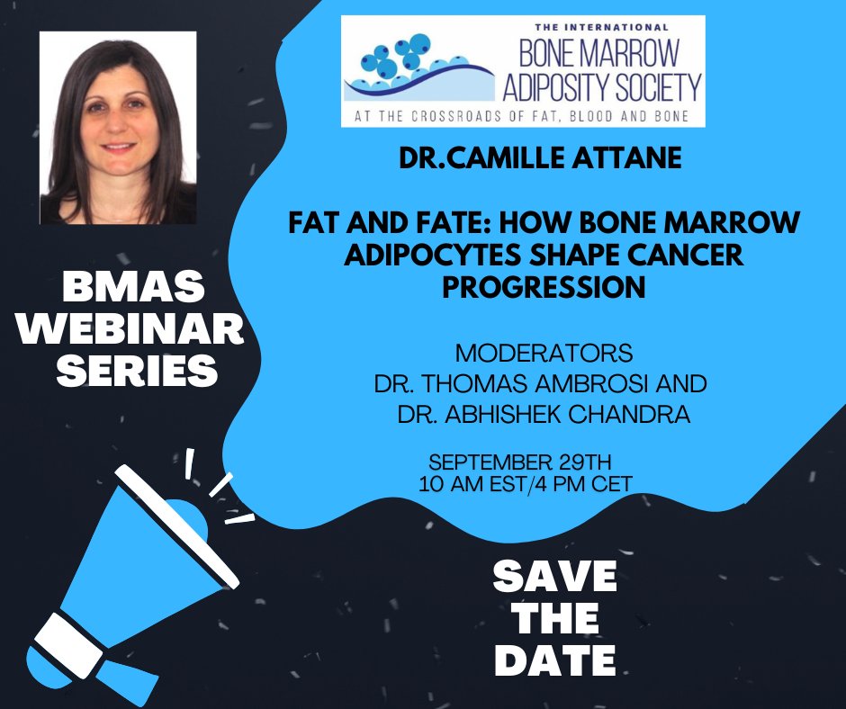 🗓️Save the date!! The next <a href="/BMA_Society/">BMAS</a>  Webinar featuring <a href="/AttaneC/">Attané Camille</a>  from IPBS Toulouse will be on  29Sep2025, 10AM EST/4pm CET. Dr. Attané will  discuss "Fat and fate: How Bone Marrow Adipocytes shape cancer  progression". Synopsis, bio, and registration info posted at...
