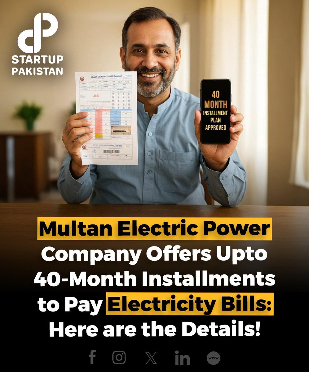 PakStartup's tweet photo. Multan Electric Power Company Offers Upto 40-Month Installments to Pay Electricity Bills: Here are the details!
Read More: https://t.co/4ybmsL1pdm
#MEPCO #ElectricityBills #InstallmentPlan #MultanNews #EnergyRelief #PakistanPower #UtilityBills https://t.co/DNob4vEgKk