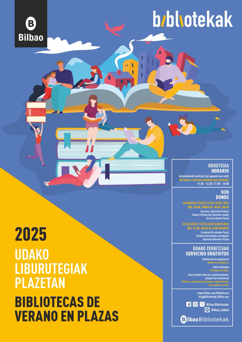 bilbaobib's tweet photo. 📚 Ezagutzen duzu "Udako Liburutegiak" programa?

📅 Ekainaren 30etik abuztuaren 8ra, liburuak, aldizkariak, egunkariak eta irakurzaletasuna sustatzeko hainbat jarduera eskaintzen ditu hiriko hainbat plazatan.

ℹ Informazio gehiago 👉 https://t.co/0kYqldJnBm https://t.co/LRDtyF8fka