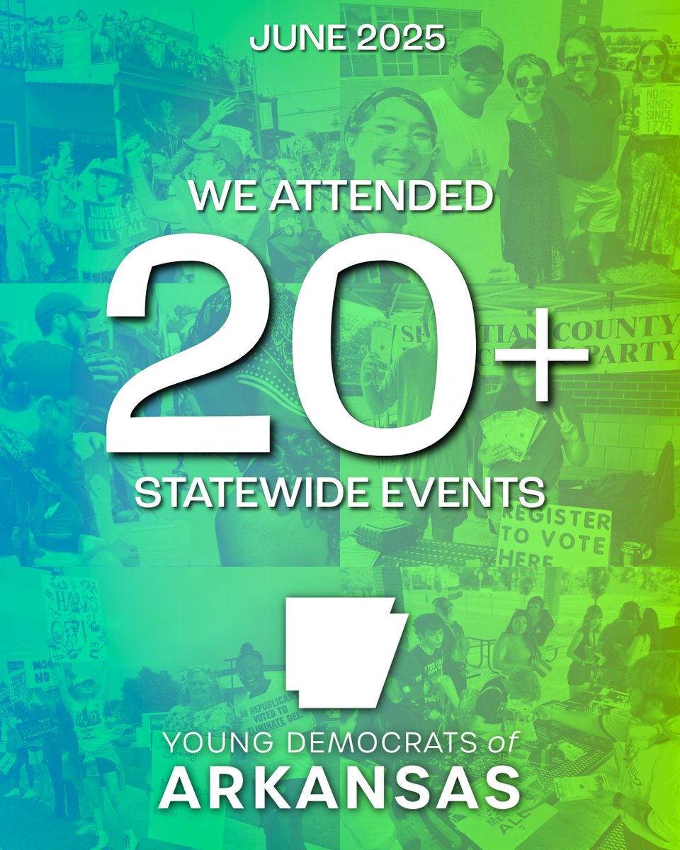 YDArkansas's tweet image. Here’s what the Young Democrats of Arkansas have accomplished so far this summer:
✅ Showed up at 20+ Pride, Juneteenth, No Kings, and community events in Little Rock, Hope, Jonesboro, Fayetteville, Van Buren, Hot Springs, and beyond
✅ Turned in 120+ voter registration forms

🧵