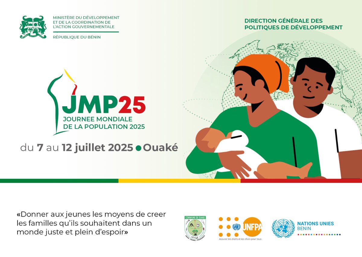 UNFPA Bénin CO (@unfpa_benin) on Twitter photo 📢 Du 7 au 12 juillet, Ouaké accueille la #SemaineDeLaPopulation2025 !
Objectif : Plaider pour des actions urgentes autour du thème de la #JMP2025. Avec l’appui de <a href="/unfpa_benin/">UNFPA Bénin CO</a> et la participation du <a href="/gouvbenin/">Gouvernement du Bénin 🇧🇯</a>, des PTF et des communautés.
#WPD2025 #JournéeMondialeDeLaPopulation 📢 Du 7 au 12 juillet, Ouaké accueille la #SemaineDeLaPopulation2025 !
Objectif : Plaider pour des actions urgentes autour du thème de la #JMP2025. Avec l’appui de <a href="/unfpa_benin/">UNFPA Bénin CO</a> et la participation du <a href="/gouvbenin/">Gouvernement du Bénin 🇧🇯</a>, des PTF et des communautés.
#WPD2025 #JournéeMondialeDeLaPopulation