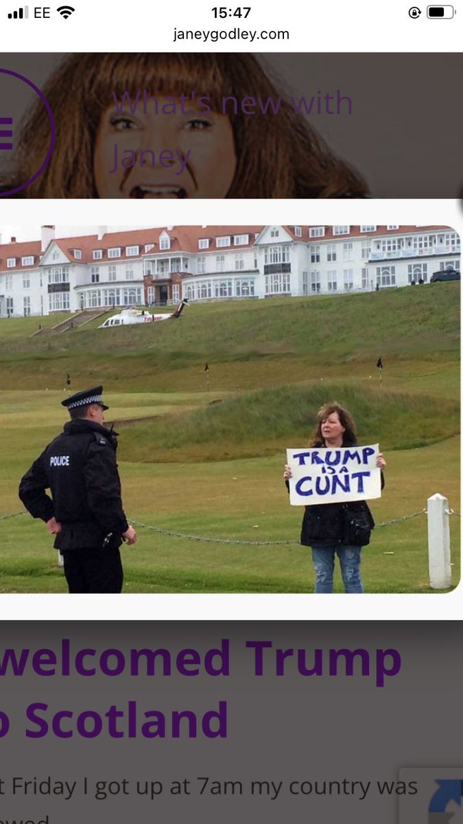 I see Trump is to visit his golf course in Scotland.The late Janet Godley summed him up. Come on Scotland you know what to do💪🏴󠁧󠁢󠁳󠁣󠁴󠁿