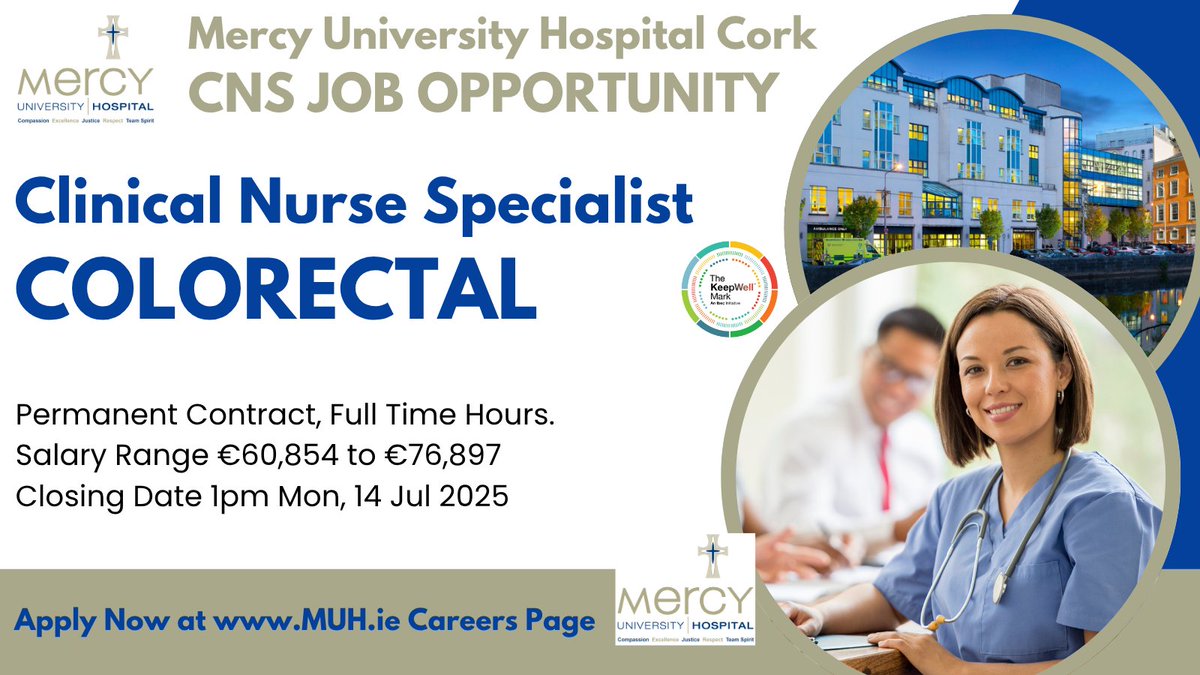 DeeORiordan8's tweet image. ☀ #ClinicalNurseSpecialist #colorectal job opportunity at @Mercycork for #NMBI reg nurse

Perm, FT. Salary Range €60,854 to €76,897

Closing Date 1pm Mon, 14 Jul 2025. 

See details: api.occupop.com/shared/job/cli…

#NMBI #HSEJobs #NHSJobs #CNS #ibd #endoscopynurse #ColorectalCancer