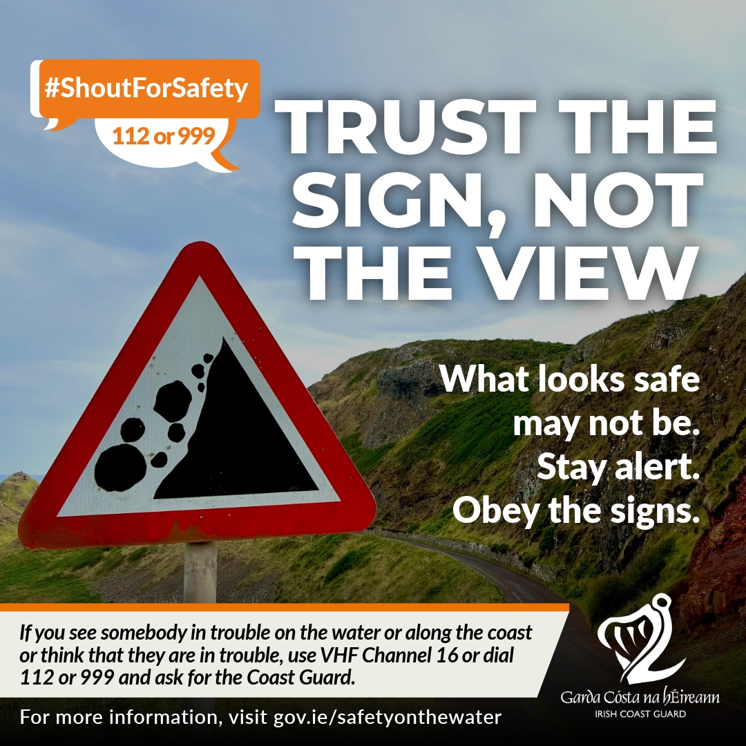 IrishCoastGuard's tweet image. 🌊 That stunning view might hide real danger.

⚠️ Trust the sign, not the view.
If you see someone in trouble on the coast or water, call 112 or 999 or use VHF Channel 16 and ask for the Coast Guard. gov.ie/safetyonthewat…

#ShoutForSafety