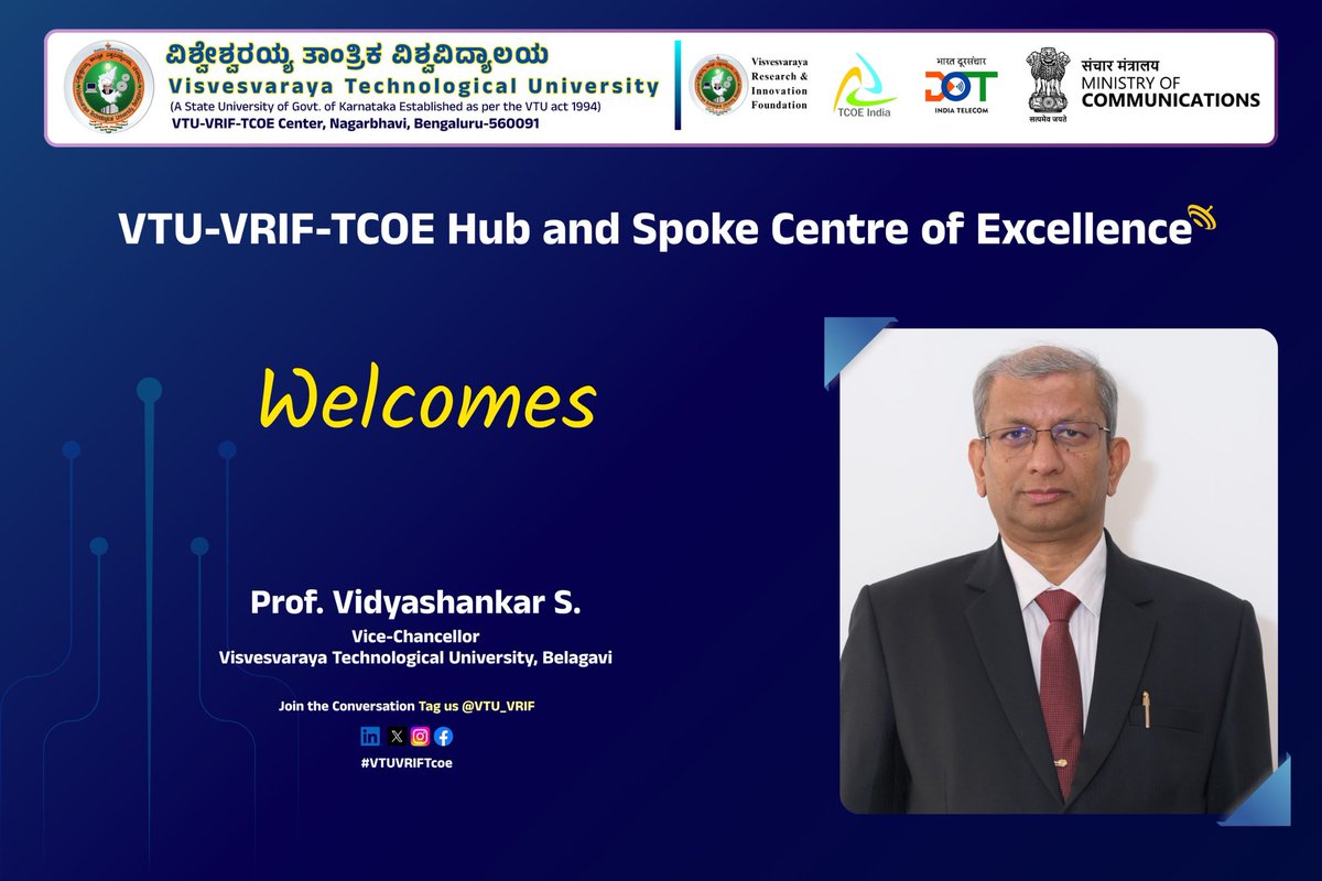 VTU Belagavi proudly announces the inauguration of the VTU-VRIF-TCOE Centre of Excellence by Hon’ble Minister 
Shri <a href="/JM_Scindia/">Jyotiraditya M. Scindia</a> on July 10, 2025 at 9:30 AM.

Guests of Honor include:
Dr. Sharanprakash Patil