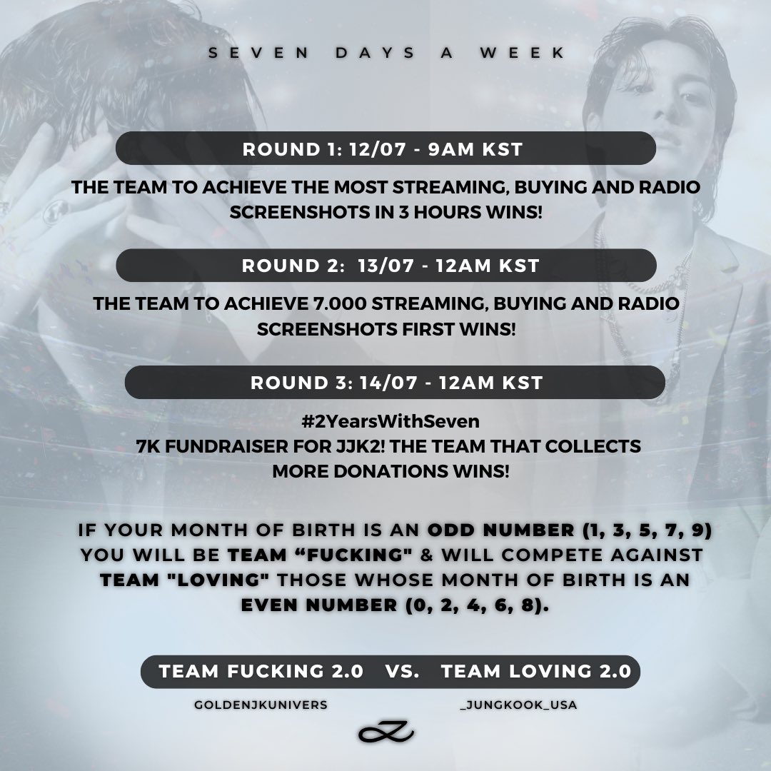 SEVEN ANNIVERSARY BATTLE 2.0!

Join us in a big event for Seven’s 2nd anniversary! Read the poster, check your team and let the battle begin!

Team Loving 2.0 VS. Team Fucking 2.0

Round 1: 12/07- 9AM KST
Round 2: 13/07 - 12AM KST
Round 3: 14/07 - 12AM KST
#/2YearsWithSeven