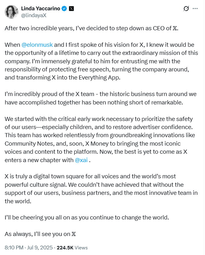ArgusNews_in's tweet photo. Linda Yaccarino steps down as CEO of 'X'

#LindaYaccarino #PlatformX https://t.co/LJgDe3U8rL