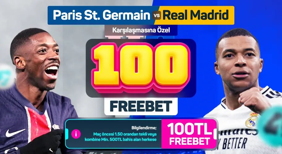 ⭐ DEV MAÇA ÖZEL FIRSAT: 100₺ FREEBET! 

⭐100₺  #FREEBET

 🇫🇷 PSG 🆚 Real Madrid 🇪🇸
 
 📝 Minimum Oran 1.50 olmalıdır.

💲 Minimum 500₺ ve Üzeri  Bahis almanız  gerekmektedir.

⭐zbahis337.com/bonuses/dev-ma…⭐