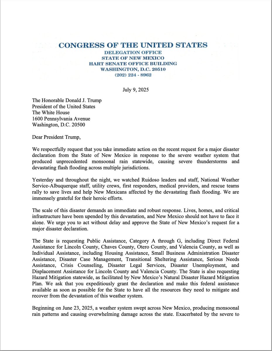 SenatorHeinrich's tweet image. The scale of the disaster in Ruidoso demands an immediate and robust response.
We’re calling on @POTUS to approve the Governor’s Major Disaster Declaration, and provide full support to respond and recover.