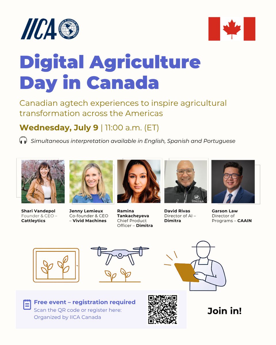 We are about to start!

Digital Agriculture Day in Canada

Do not miss it.

Free registration: iica.zoom.us/webinar/regist… 

Or scan the QR code on the poster below!  #DigitalAgriculture #InnovationInAg#IICA #Canada #WomenInTech