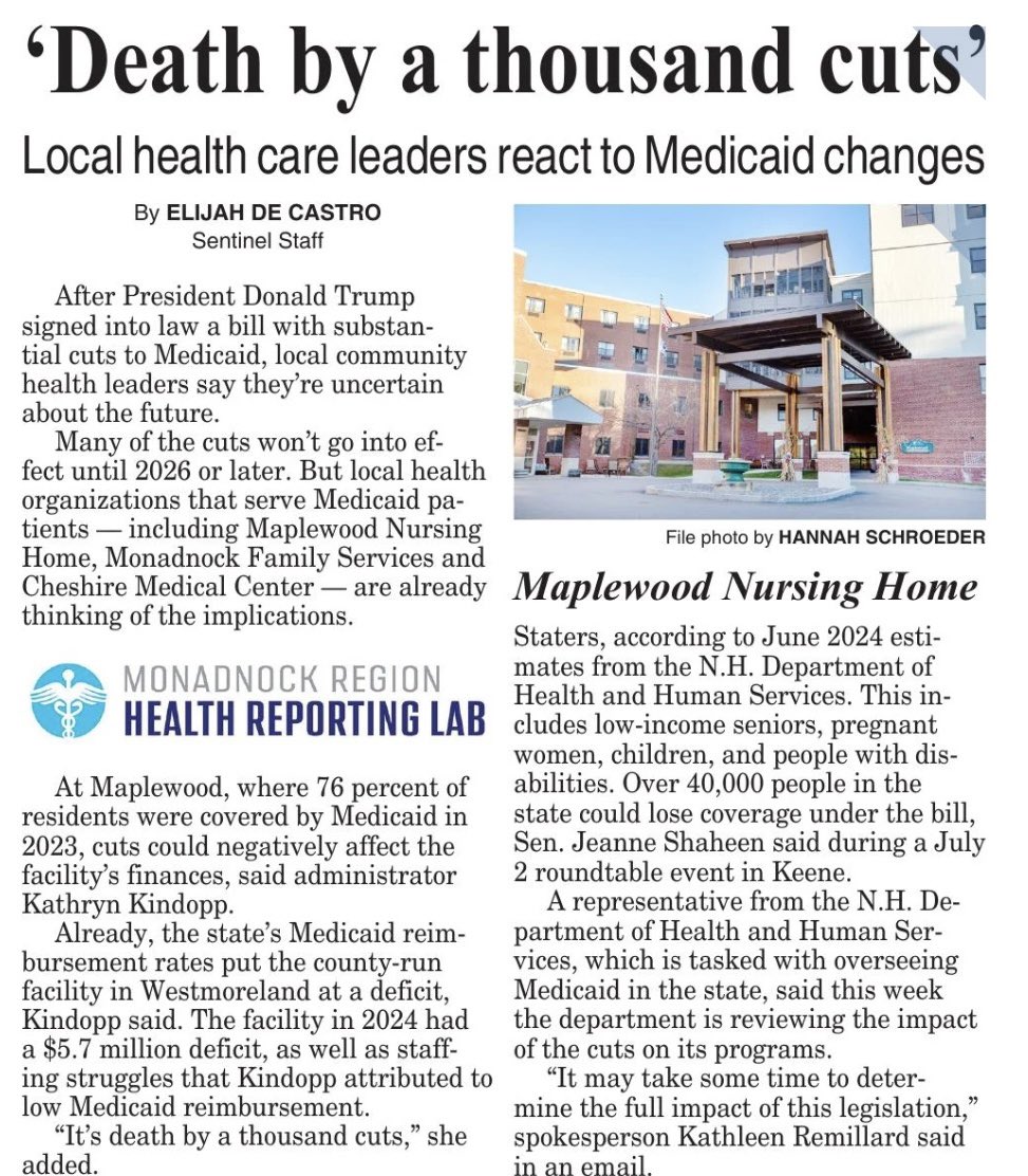 NHDems's tweet image. ICYMI: 46,000+ Granite Staters will lose access to health care because of Donald Trump’s big, ugly bill that Scott Brown proudly supports.
“It’s death by a thousand cuts.” #NHPolitics