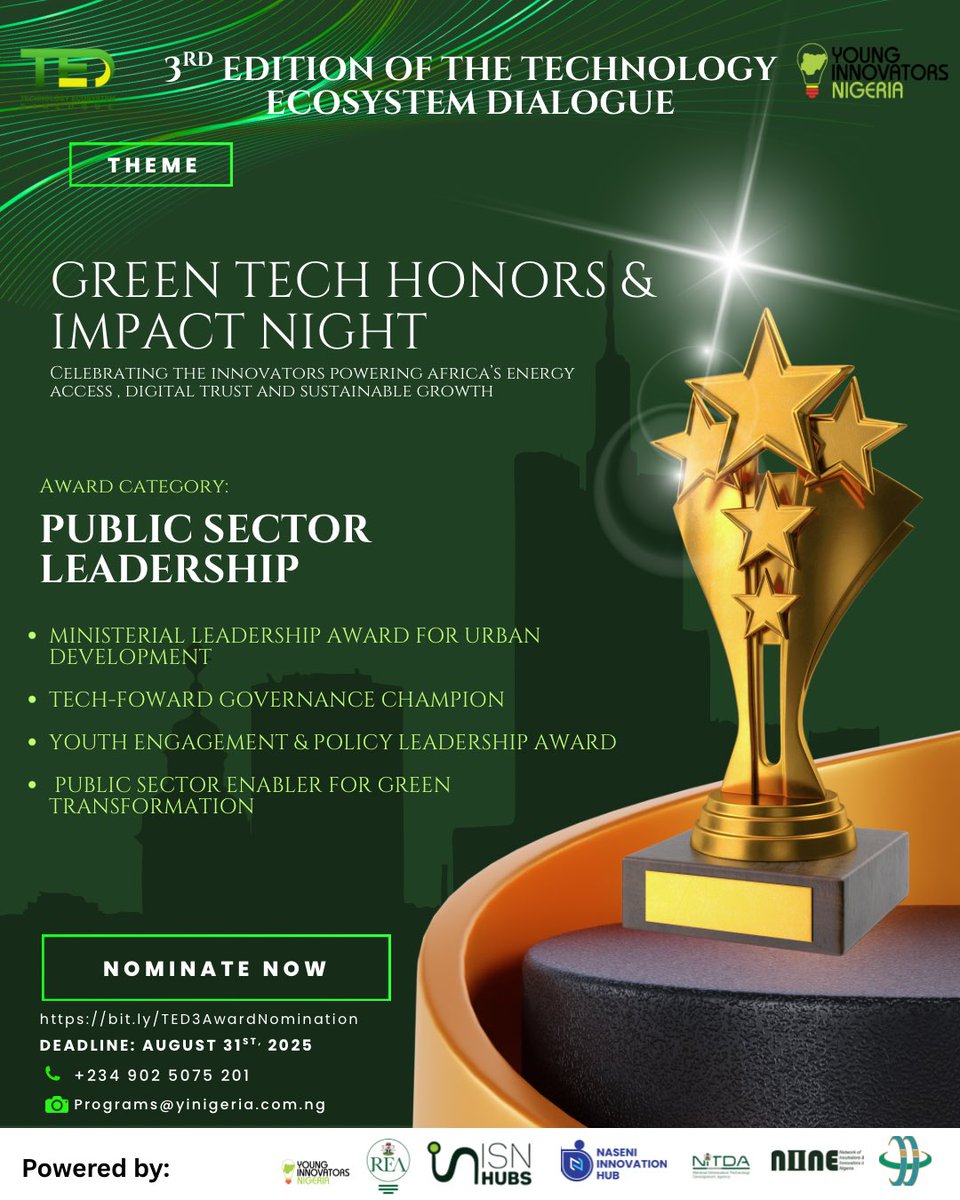 NOMINATIONS NOW OPEN!

As we prepare for the 3rd Edition of the Technology Ecosystem Dialogue (TED 2025), we’re thrilled to announce the Green Tech Honors &amp; Impact Night — a night dedicated to celebrating visionaries, institutions, and changemakers powering Nigeria’s green and