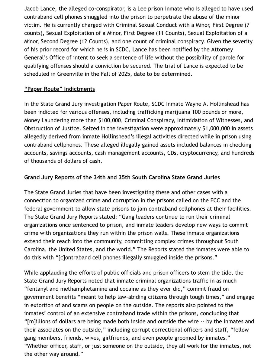 SCAttyGenOffice's tweet image. State Grand Jurors issue rare report on continued problem of organized crime run from within state prisons using contraband cellphones