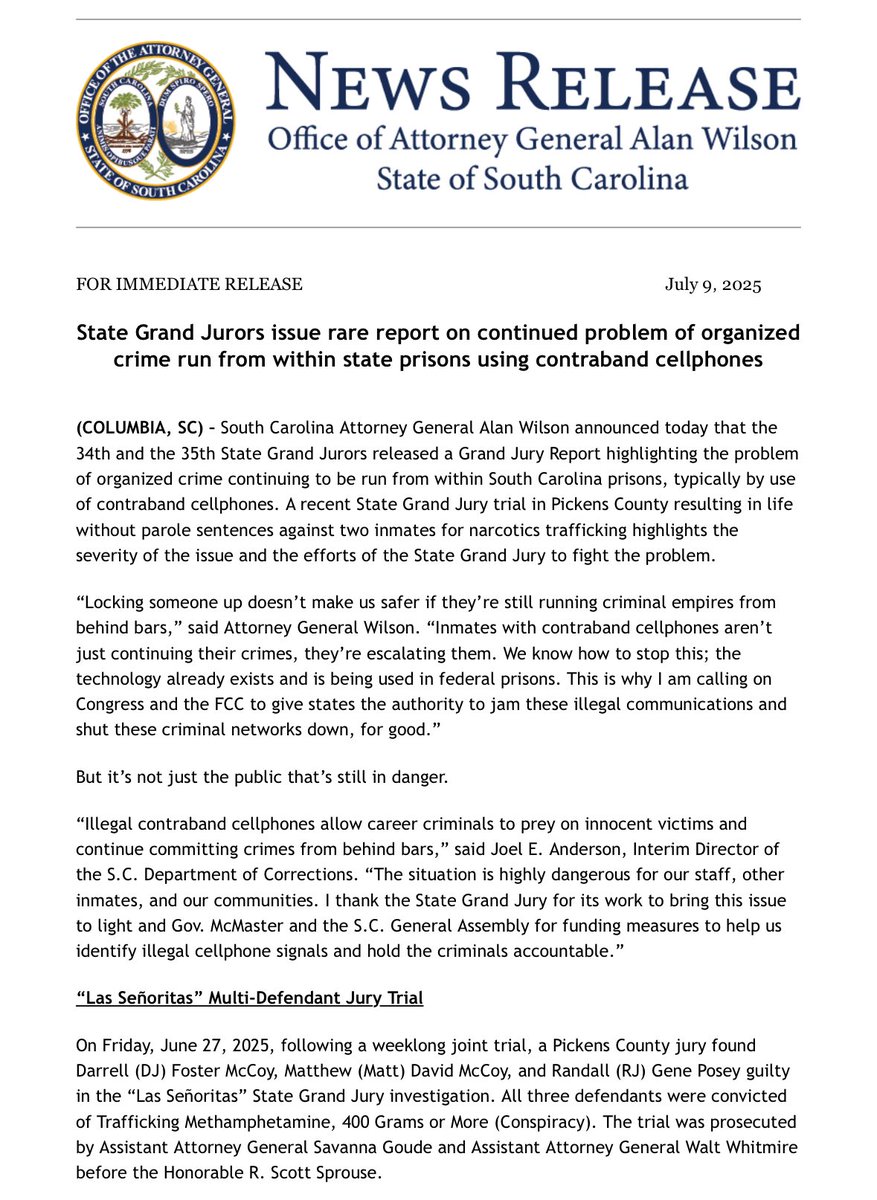 SCAttyGenOffice's tweet image. State Grand Jurors issue rare report on continued problem of organized crime run from within state prisons using contraband cellphones