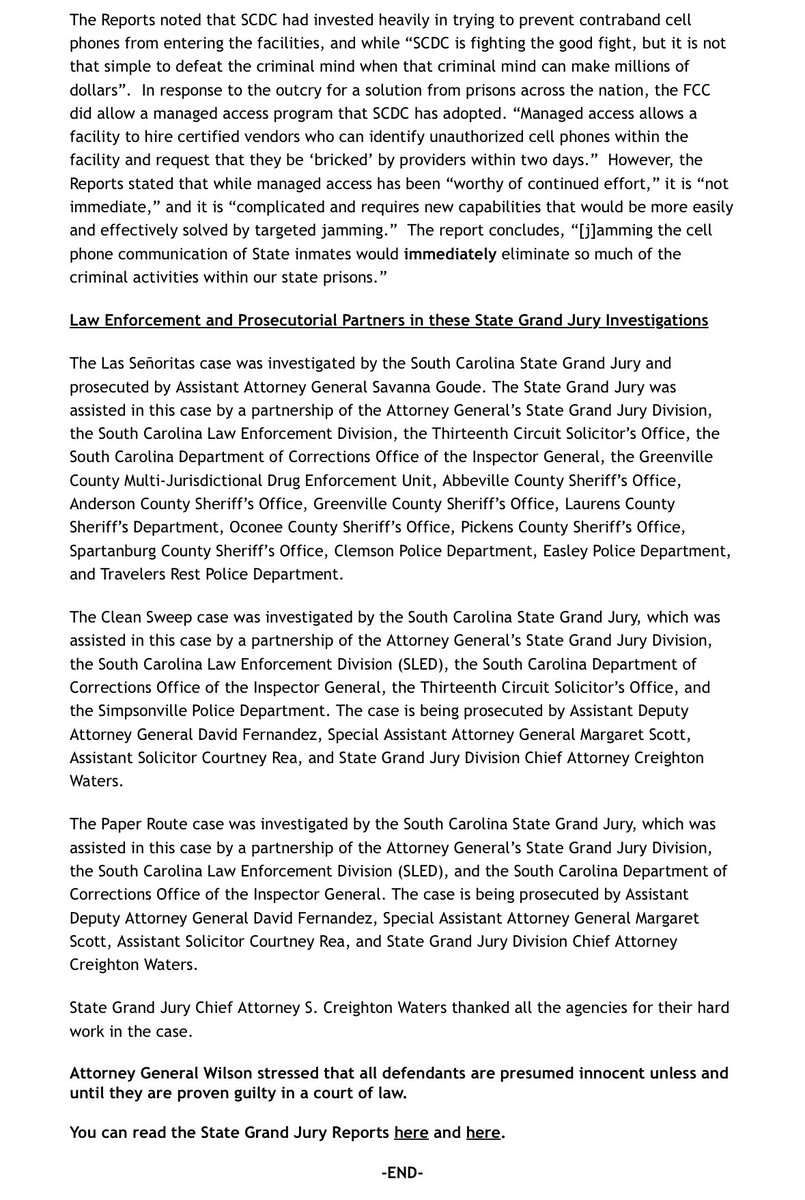SCAttyGenOffice's tweet image. State Grand Jurors issue rare report on continued problem of organized crime run from within state prisons using contraband cellphones
