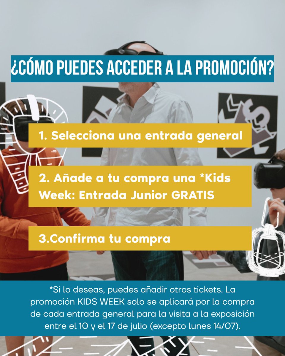🔵 Kids Week Tutankamon
1 entrada de adulto = 1 entrada junior GRATIS

Del 10 al 17 de julio, consigue una entrada gratis para niños y niñas de hasta 12 años por cada entrada de adulto, para visitar la exposición en las mismas fechas.

Promoción disponible en web y taquilla, no