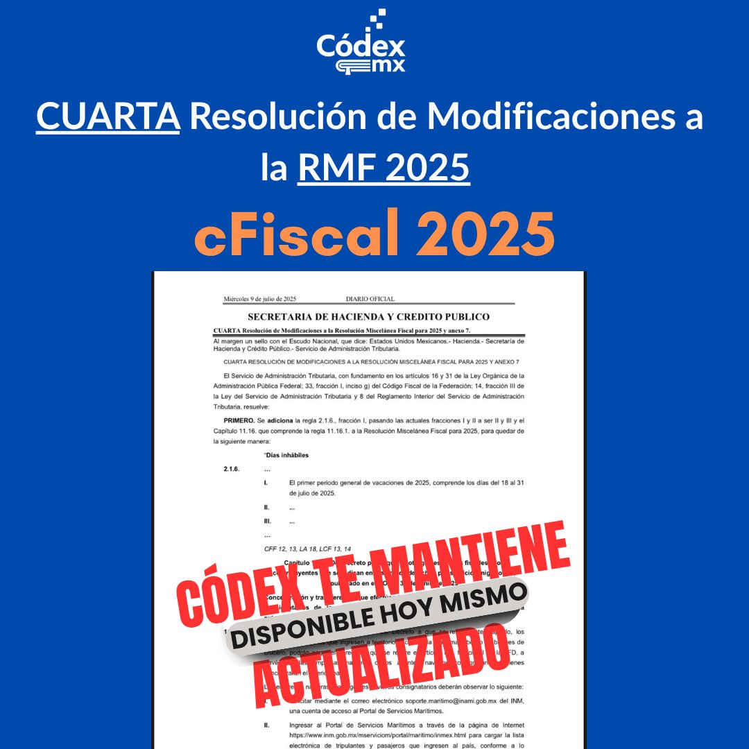 mx_codex's tweet photo. 𝐜𝐅𝐢𝐬𝐜𝐚𝐥 𝐭𝐞 𝐦𝐚𝐧𝐭𝐢𝐞𝐧𝐞 𝐢𝐧𝐟𝐨𝐫𝐦𝐚𝐝𝐨 sobre la Cuarta Resolución de Modificaciones RMF2025
https://t.co/2BD4Wq9klj

#Noticias #fiscal #RMF #DOF #viralpost #Fiscalistas #COLEGIODECONTADORES https://t.co/3NZmkvNIou