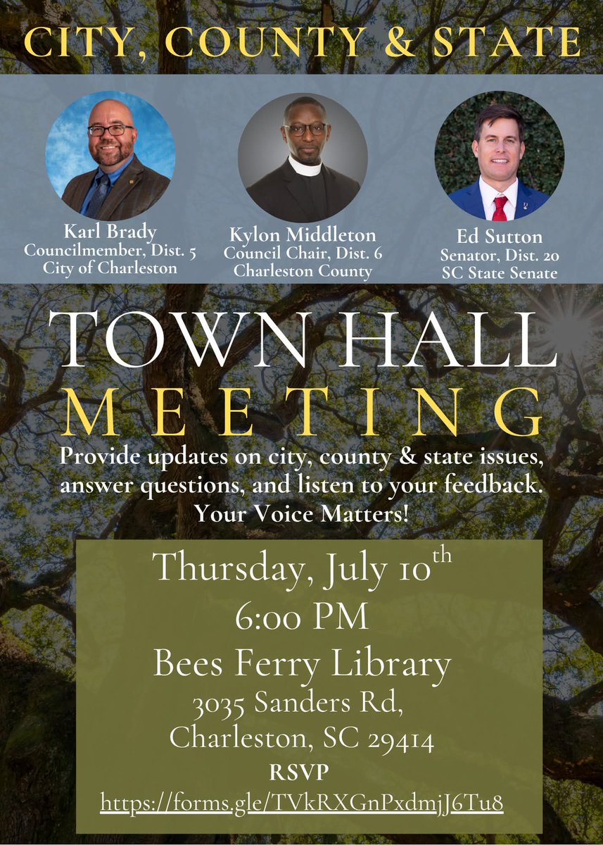 EdCSutton's tweet image. City, County and State Townhall tomorrow in West Ashley.
Details on the flyer 👇